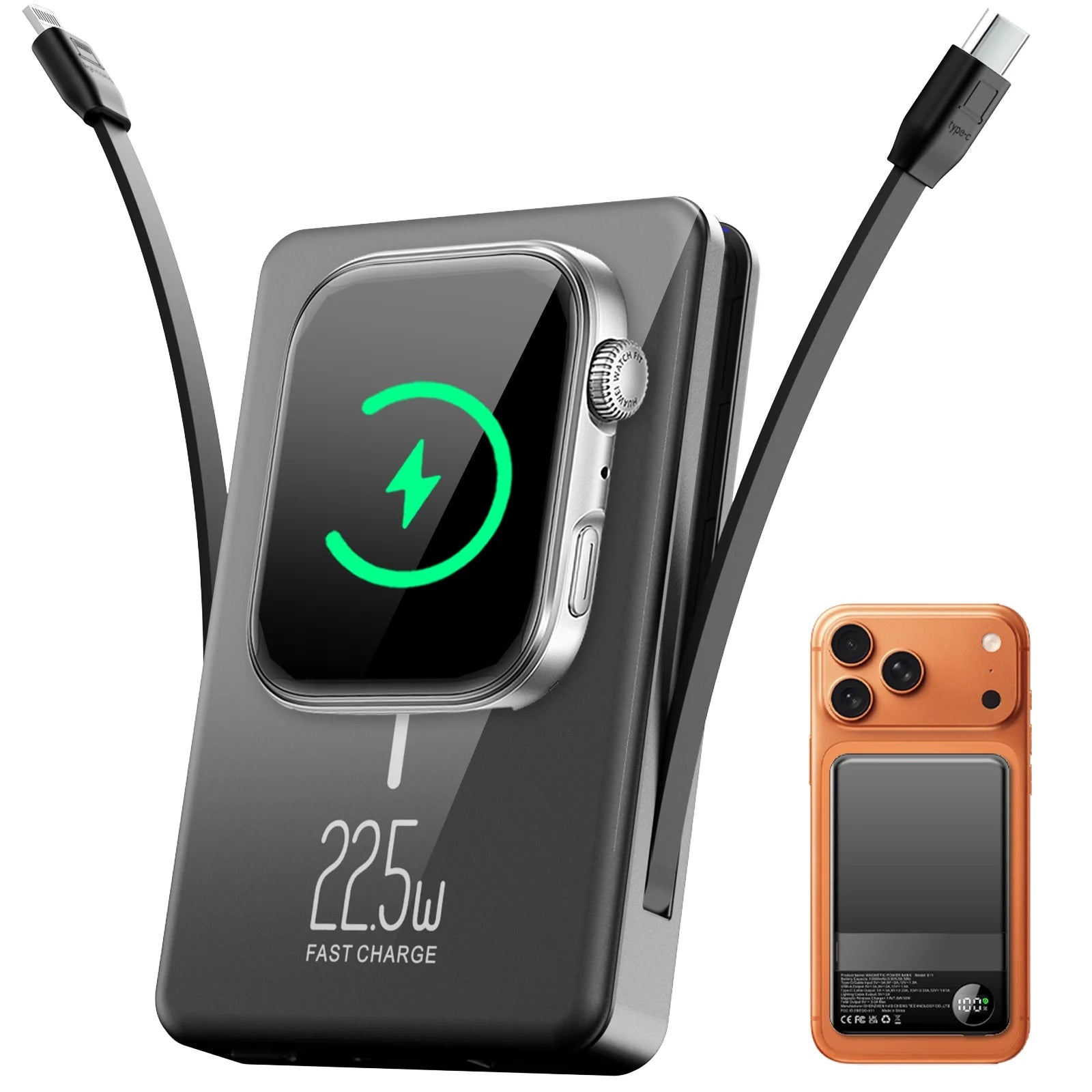 Magnetic Portable Charger with Built-In-Cable, Iwatch Charger, 10000Mah Power Bank with Display, Foldable Stand, 22.5W Fast Charging Travel Battery Pack Compatible with Iphone and Apple Watch