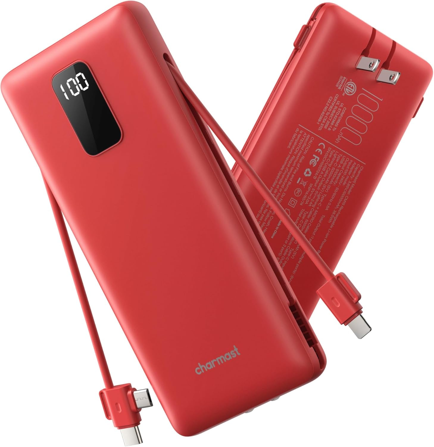 Power Bank 10000Mah Portable Charger with AC Plug and Built-In Cables for Ios and Type-C - Compact Battery Pack Travel Essentials External Phone Charger for Iphone 17 16 15 14, Samsung, Ipad