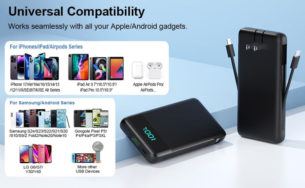 Portable Charger for Iphone,13800Mah Slim Power Bank with Built-In Cables & AC Wall Plug,All in One 4 Outputs USB C Fast Charging Battery Pack Powerbank for Iphone 17/16/15/14,Android,Travel Essential
