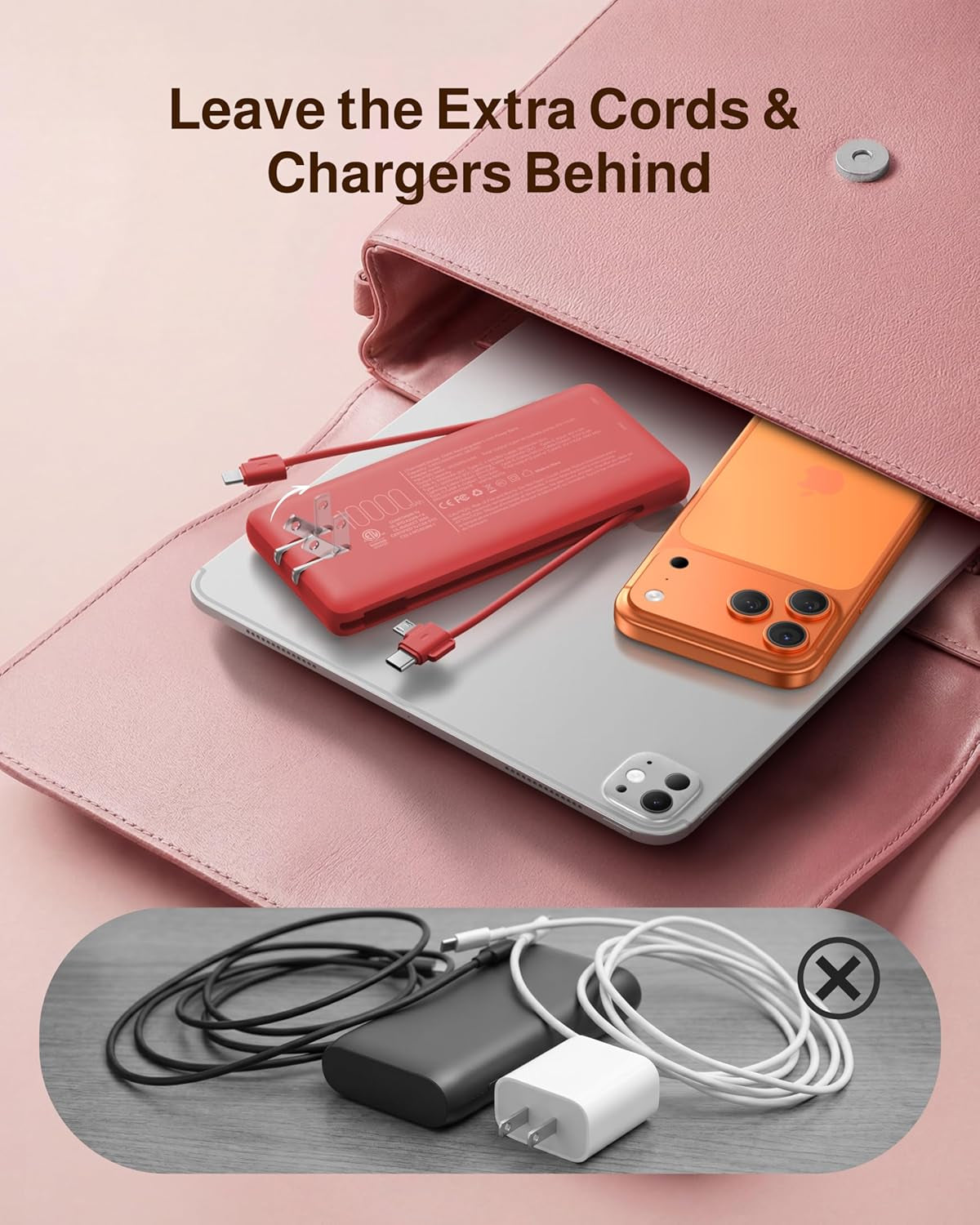 Power Bank 10000Mah Portable Charger with AC Plug and Built-In Cables for Ios and Type-C - Compact Battery Pack Travel Essentials External Phone Charger for Iphone 17 16 15 14, Samsung, Ipad