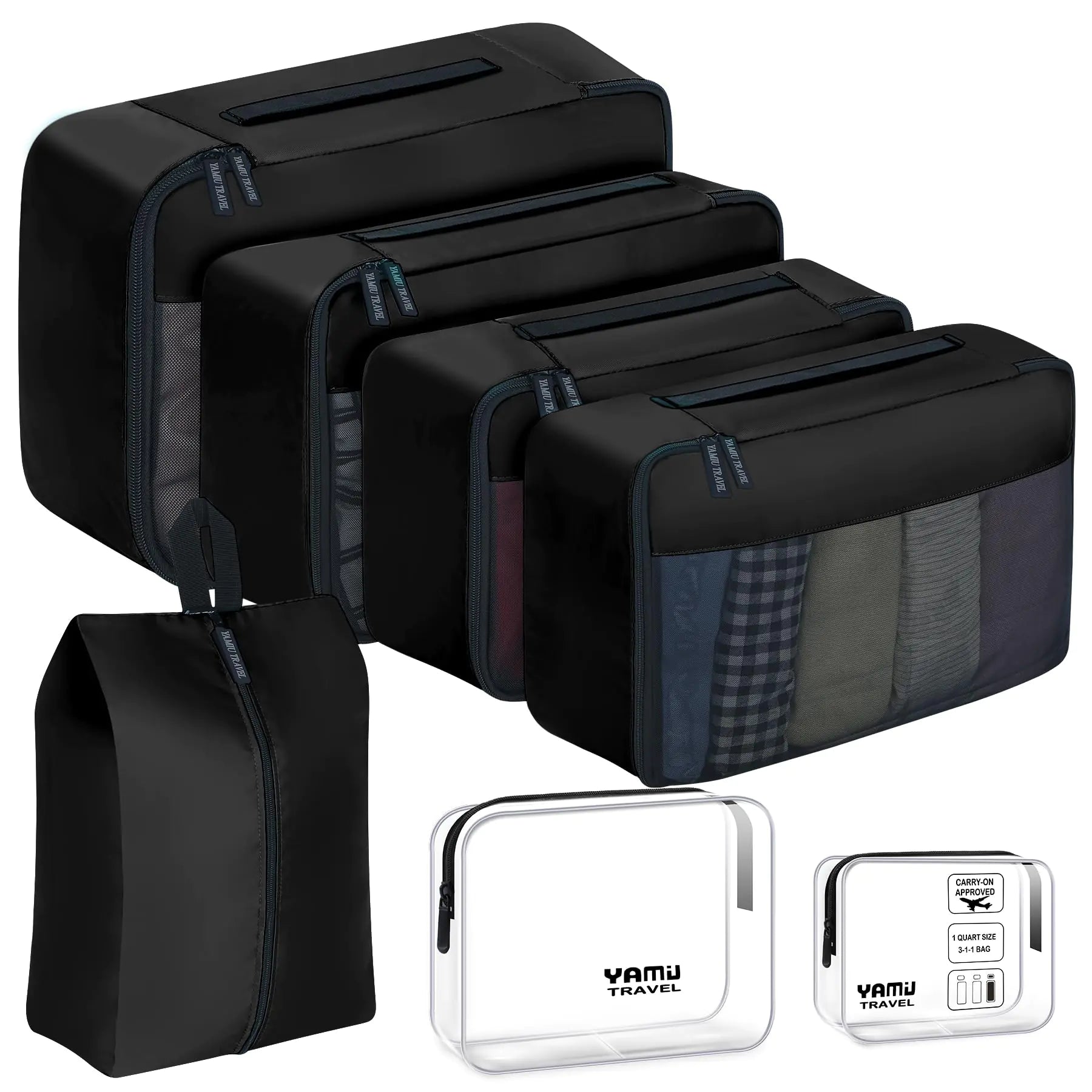 YAMIU Packing Cubes for Suitcases 7 Pcs luggage organizer bags with Shoe Bag 2 Waterproof Travel Toiletry Bags Travel Cubes for Travel Essentials Travel Accessories