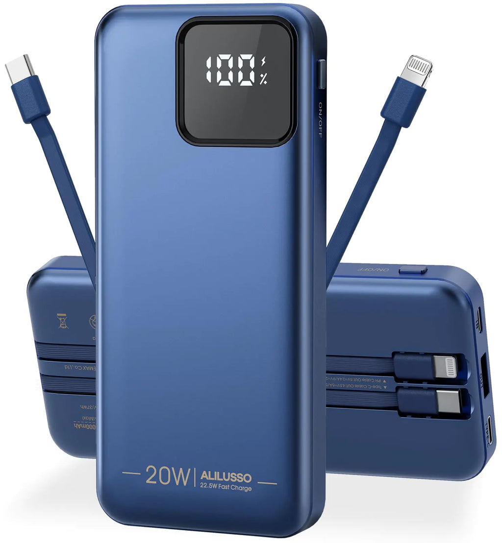 ALILUSSO Portable Charger Built-in Cables for iPhone Samsung iPad Android Phone 20000mAh Power Bank Fast Charging Smart LED Display Battery Pack 2-Port Output Traveling- Dark Blue