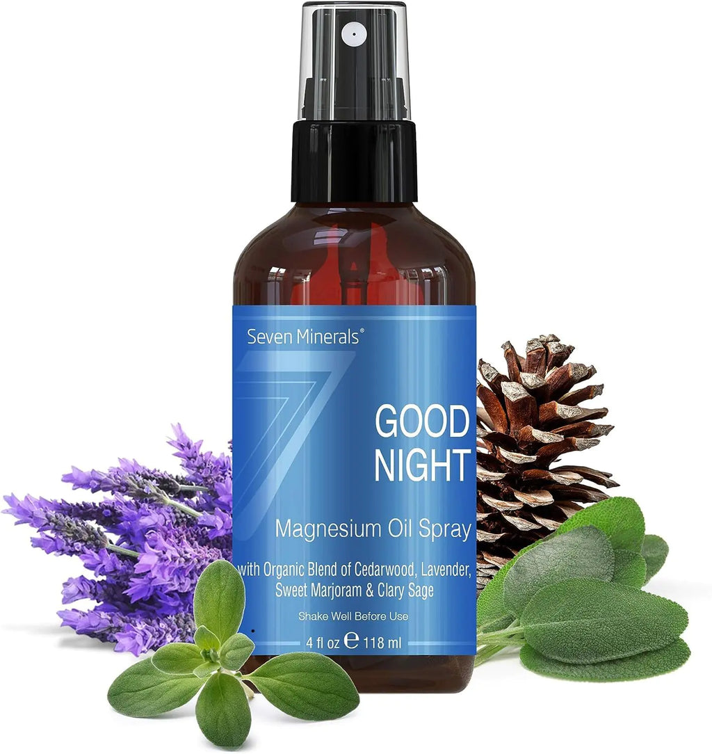Seven Minerals Good Night Magnesium Spray Powerful Organic Blend of Essential Oils (Cedarwood Lavendar Sweet Marjoram & Clary Sage) for Restlessness & Better Sleep (4 fl oz)