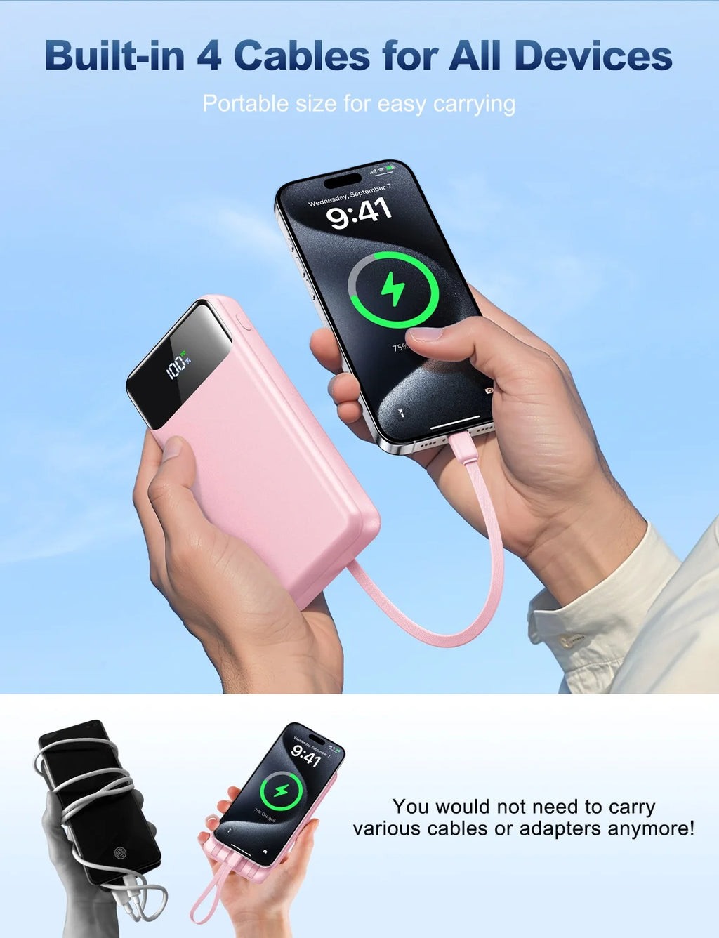 Portable Charger Power Bank 50000Mah Battery Pack, 22.5W Fast Charging Powerbank with Built in Cables,Travel Essential USB-C Portable Phone Charger, Compatible for Iphone Samsung Pixel Android Ipad
