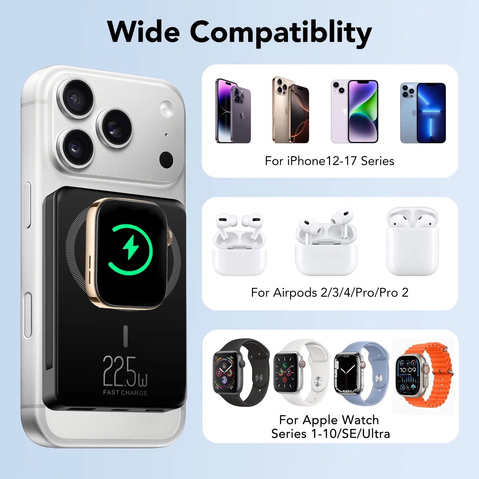 Magnetic Portable Charger with Built-In-Cable, Iwatch Charger, 10000Mah Power Bank with Display, Foldable Stand, 22.5W Fast Charging Travel Battery Pack Compatible with Iphone and Apple Watch