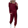 Womens 2 Piece Matching Set for Travel - Trendy Crewneck - Wine