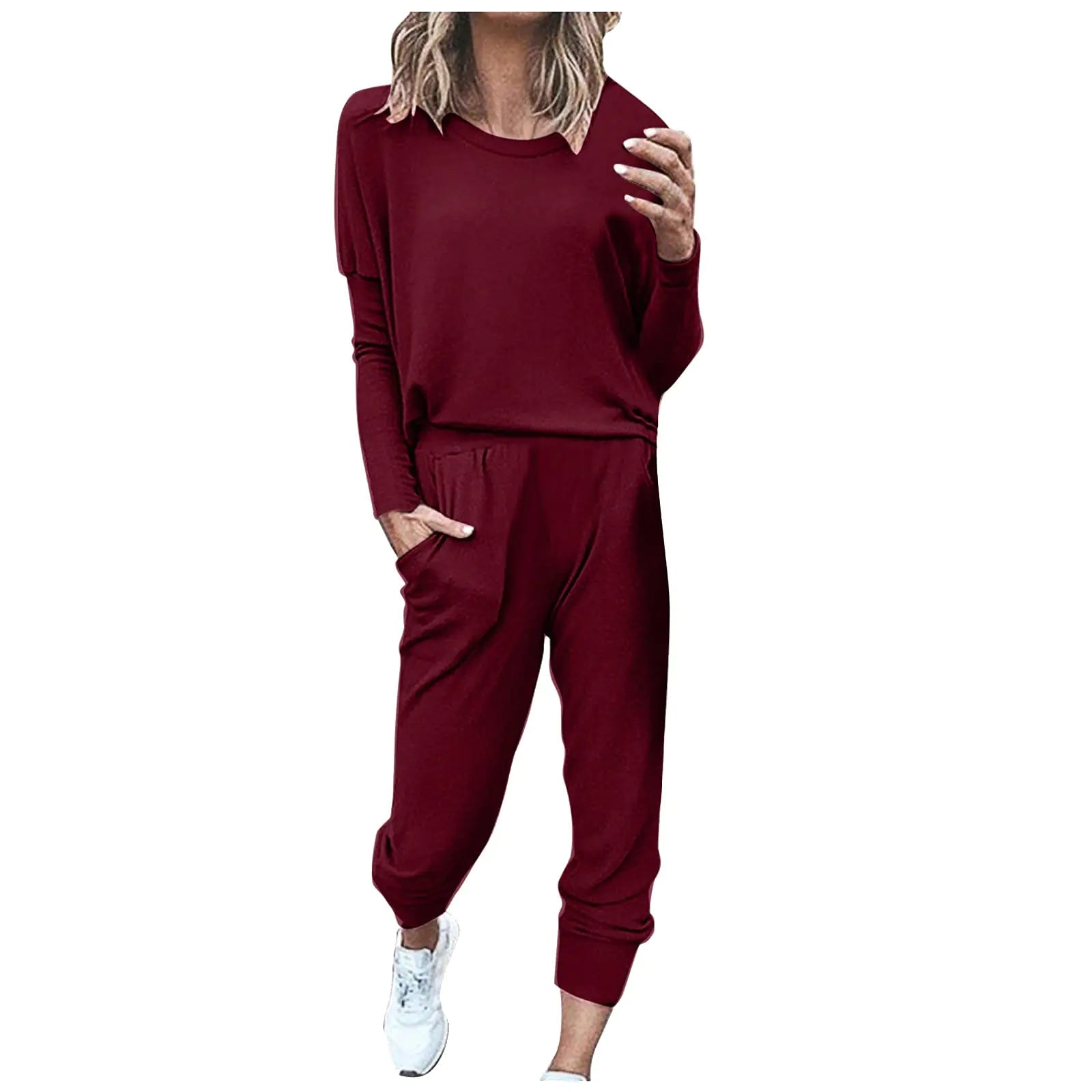 Womens 2 Piece Matching Set for Travel - Trendy Crewneck - Wine